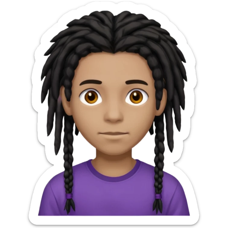 light black teen with black dreads in a middle part with brown eyes and purple shirt sticker