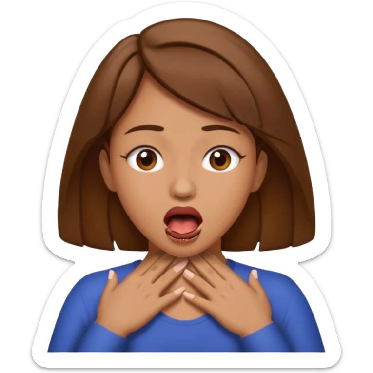 the woman emoji with brown hair and tan skin choking herself out with both hands on her neck with her mouth open sticker