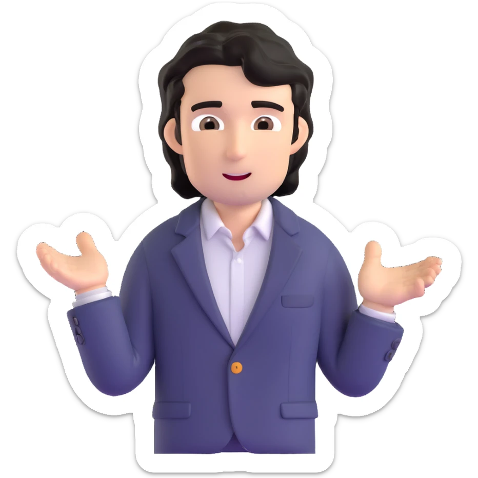 Business strategist with black wavy hair, stubble, chiseled face, wearing blazer and button-up shirt, leading a dynamic leadership workshop, engaging with a circle of participants, energetic teaching pose sticker