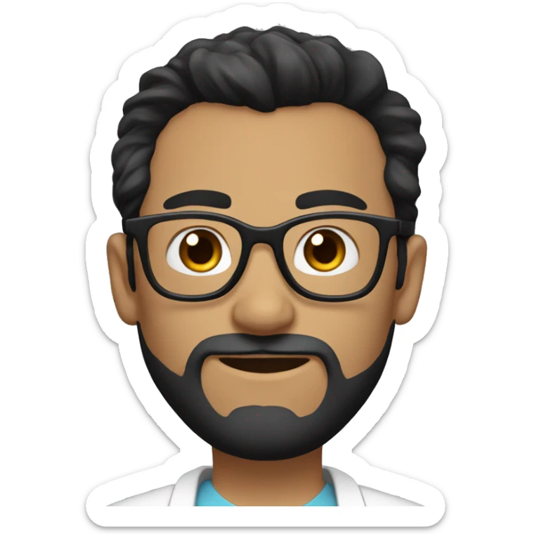 male doctor with full short beard, has black hair in a ponytail and wears black glasses sticker
