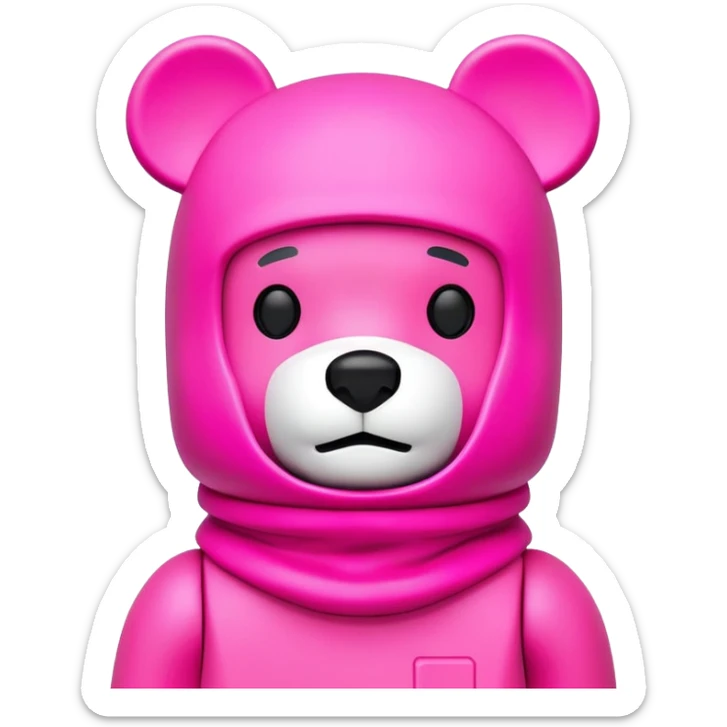 bearbrick toy figure wearing a bright pink balaclava, blocky bear collectible toy sticker