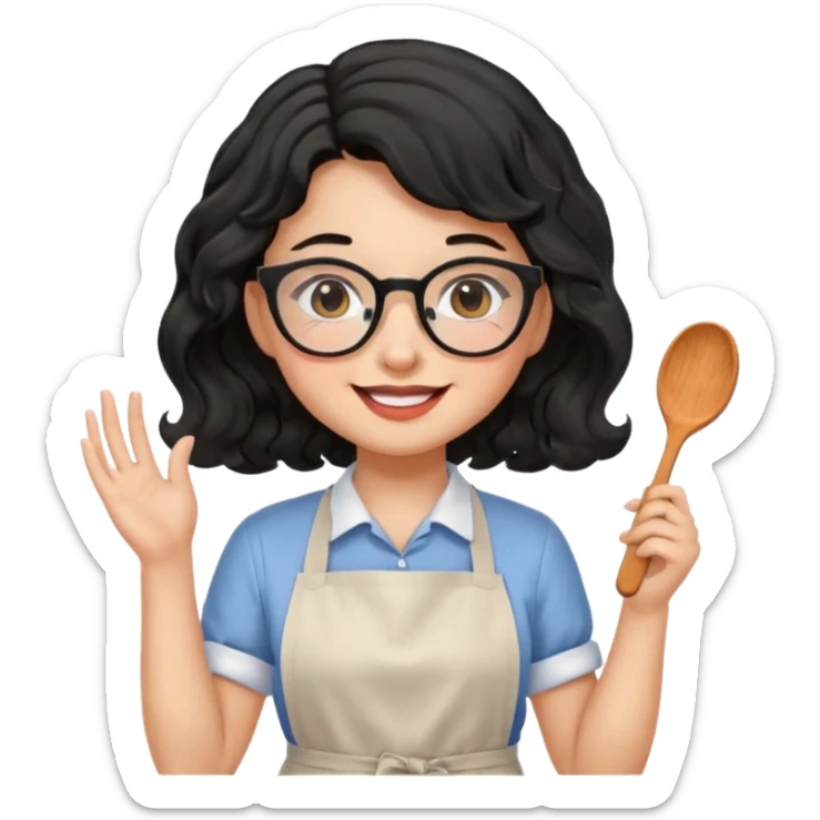 girl with apron, black wavy hair, wearing glasses, a little blush on her cheek sticker