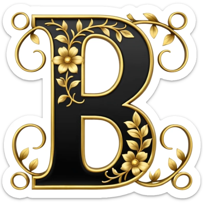 Shint Black letter B outlined with gold and a gold flowervine around the left side sticker