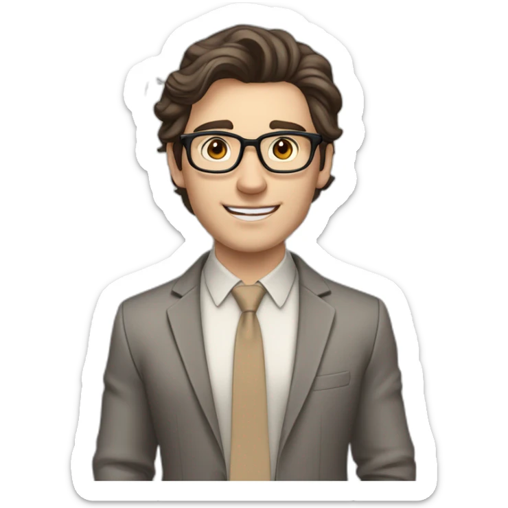 Pale skinned fit man with dark brown hair in gray jacket, beige office shirt, brown tie, brown pants and vintage glasses Writing on the flipchart sticker