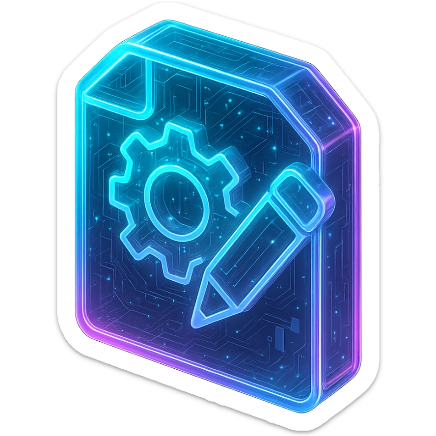 Create an icon of a piece of paper with a gear on it and a pencil, in a cyberpunk, holographic style with glowing neon blue and pink edges, circuit patterns throughout. The paper, gear, and pencil should be clearly visible and recognizable, with a consistent cyberpunk glow and intricate circuit details, matching the style of the previous cyberpunk icons. sticker