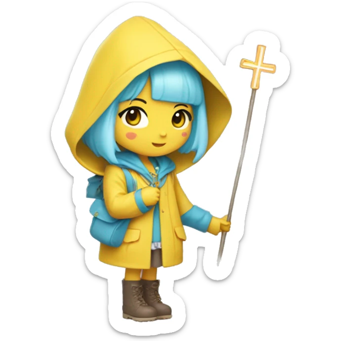 Cute little girl with light blue hair with peach skin, with yellow raincoat hooded with boots holding a staff, with a cross necklace, Sanrio design sticker