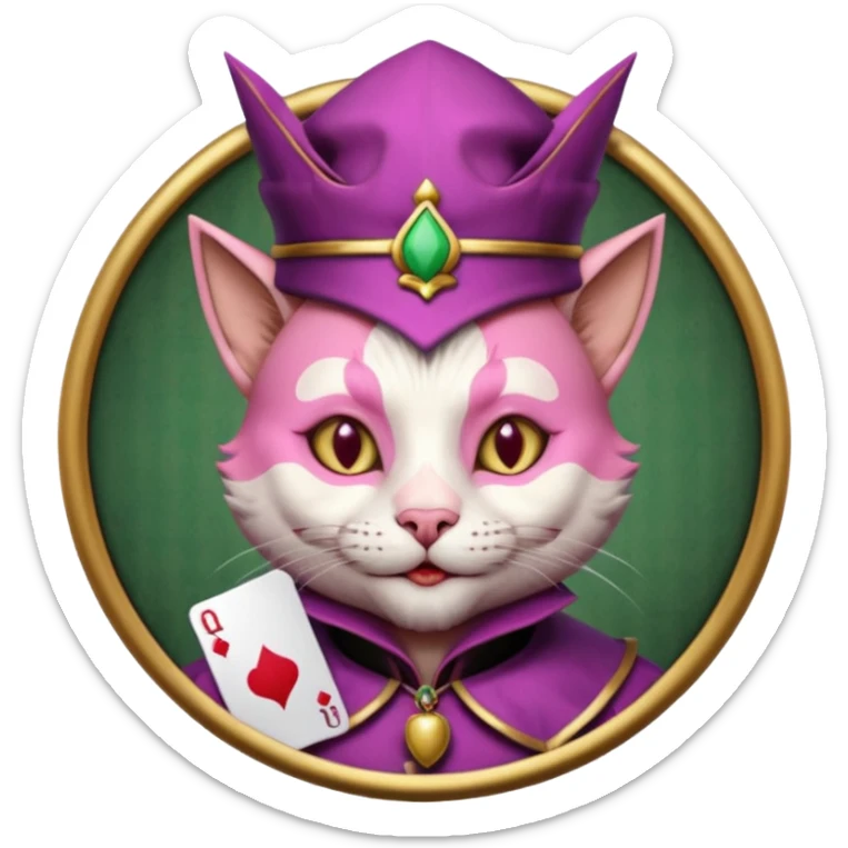 court jester cat medieval, single poker card joker clearly visible, pink, face only, round badge,  court jester cap sticker