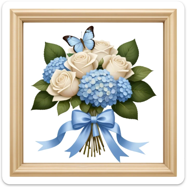 An antique wooden windowsill adorned with an elegant arrangement of white roses and soft blue hydrangeas. A silk bow in muted beige is loosely tied around the bouquet, while a translucent butterfly with pearlescent wings delicately lands on the petals. sticker