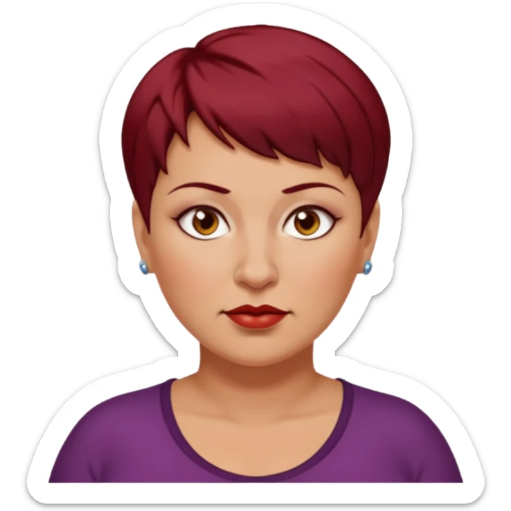 femme 40 ans, cheveux très court rouge foncé piercing sur le nez yeux marrons, surpoids sticker