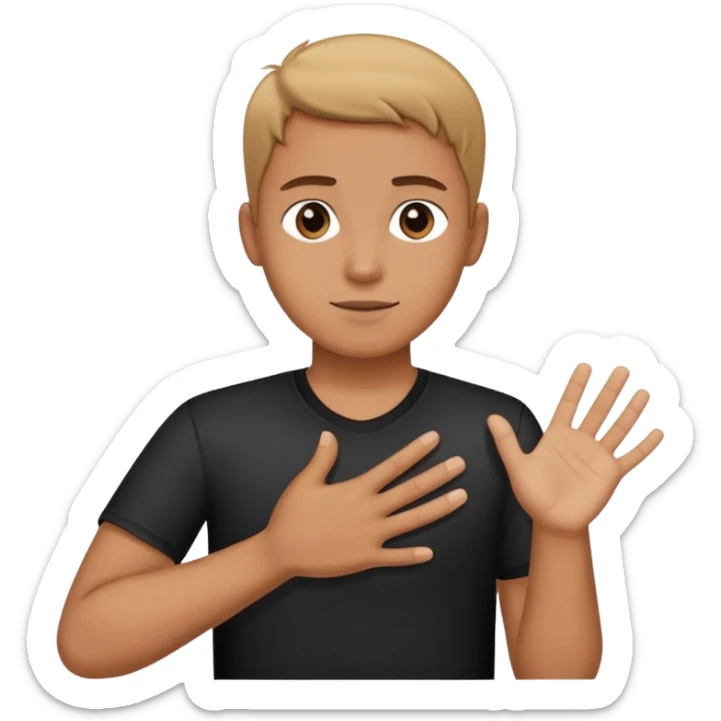 Clothed person with one hand on their chest one hand extended palm outwards like stop sign sticker