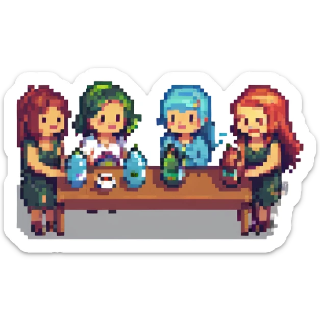 a lively group of friends at a party, holding drinks and laughing, pixel art style sticker
