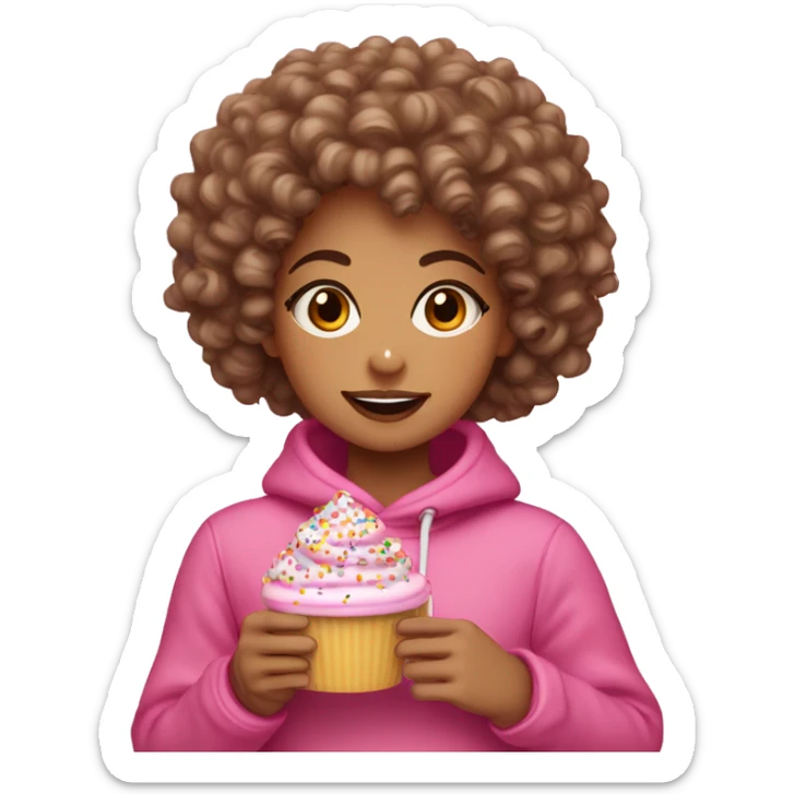 A lightskin girl with curly hair dressed in fall attire eating a pink frosted doubt with sprinkles  sticker