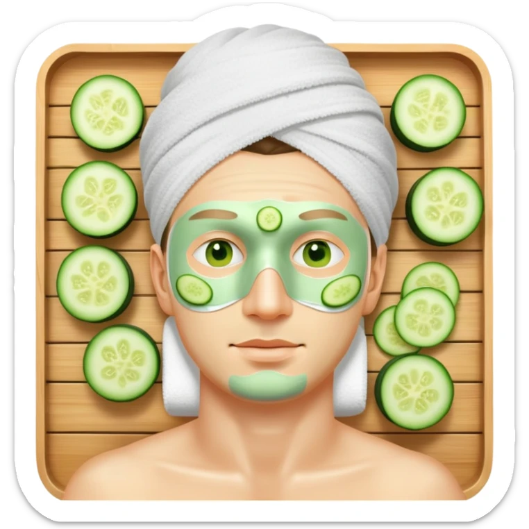 white man with green facial mask and cucumber slices on eyes, relaxing at a spa sticker