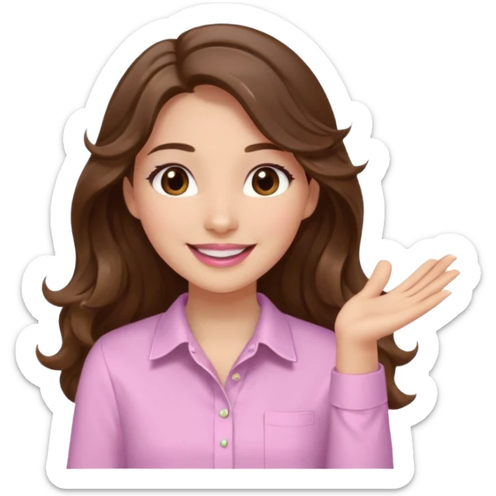 girl with wavy long brown hair, brown eyes, light to medium complexion, long lashes, light pink lipstick, wearing light pink shirt, clapping sticker