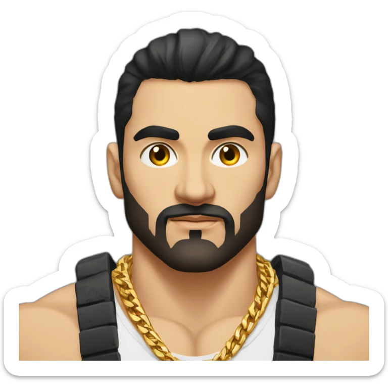 Russian muscular thug man aged 26 wearing gold chain with black hair and short beard sticker