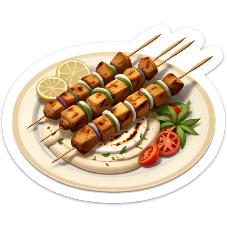 cinematic-realistic-souvlaki-dish-emoji,-showcasing-skewered,-grilled-chicken-with-mediterranean-spices-rendered-with-dynamic-textures-and-warm,-appetizing-lighting on pita bread on a plate sticker