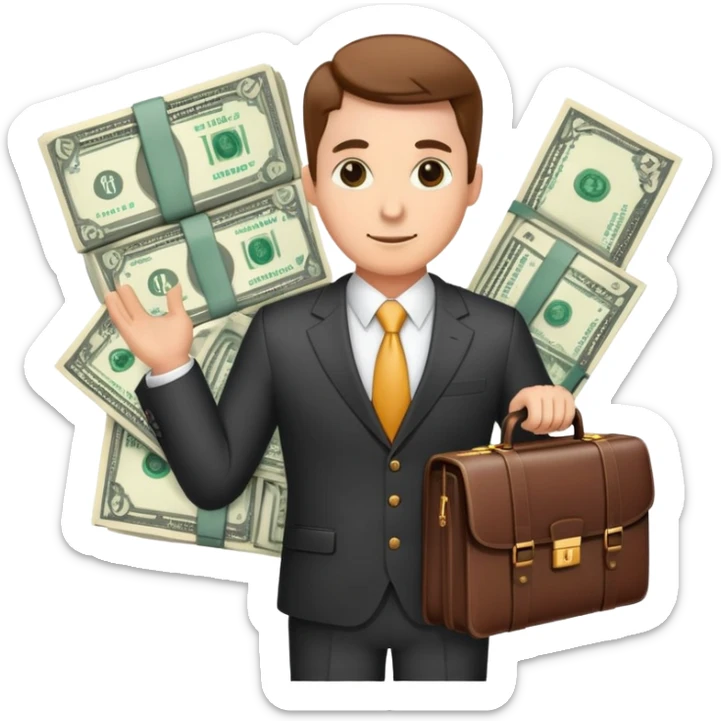 financial expert with business suit, briefcase, charts and money symbols sticker