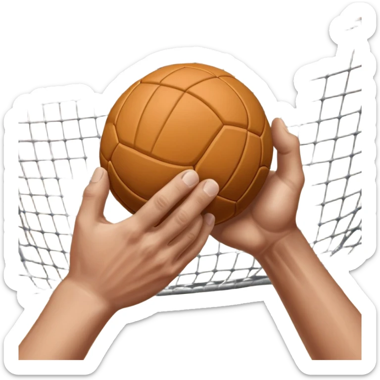 A close-up of a hand gripping a handball, with the handball gates visible in the background. The focus is on the texture of the ball and the strength of the grip, with the goal net slightly blurred to emphasize the anticipation of the throw. sticker