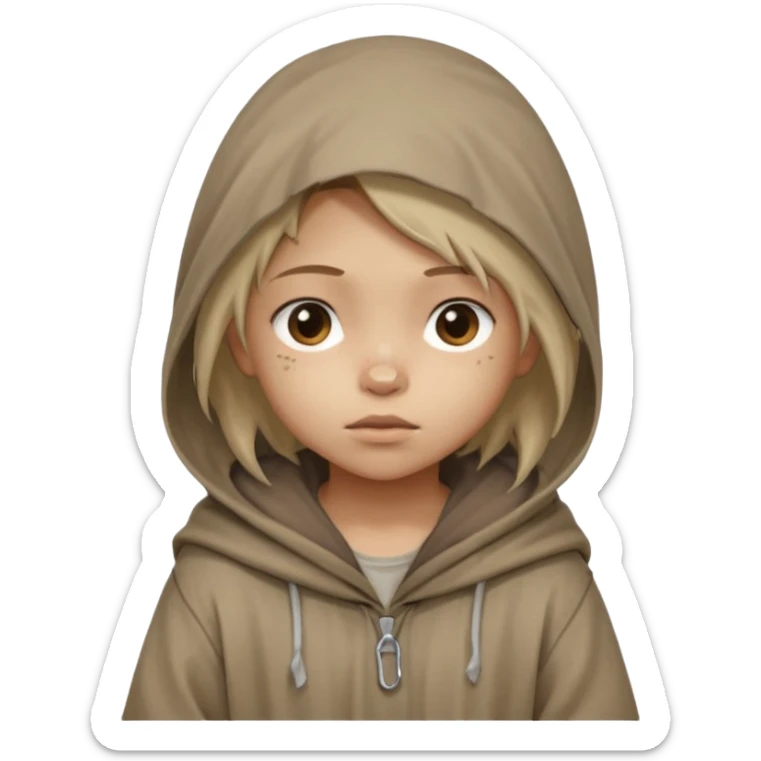 Young beggar little girl character, chest-up portrait, wearing worn and oversized clothes, hair is visible, neutral earth-tone fabric, slightly messy hair peeking from under a hood, tired but gentle eyes, subtle dirt marks on face, sticker