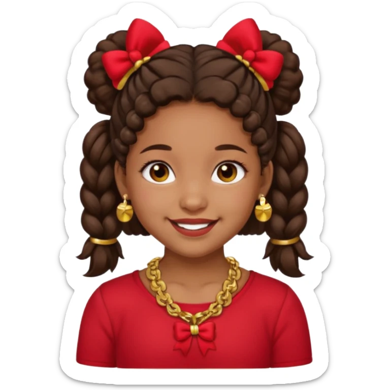 Brownskin girl dark brown hair fluffy. pigtails with red bows brown eyes smiling closed mouth red shirt gold esrrings gold necklace sticker