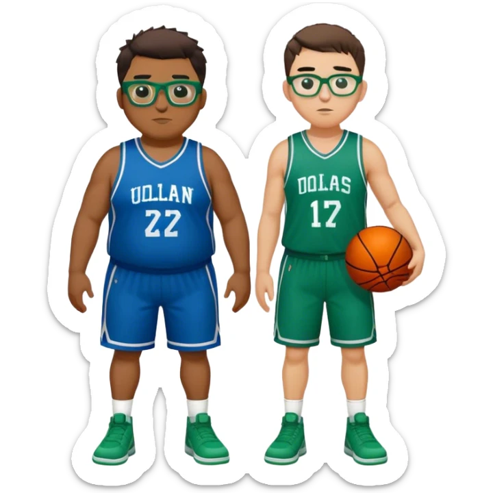 Full Body overweight white male with dark short spike hair basketball player wearing glasses wearing blue and green uniform sticker