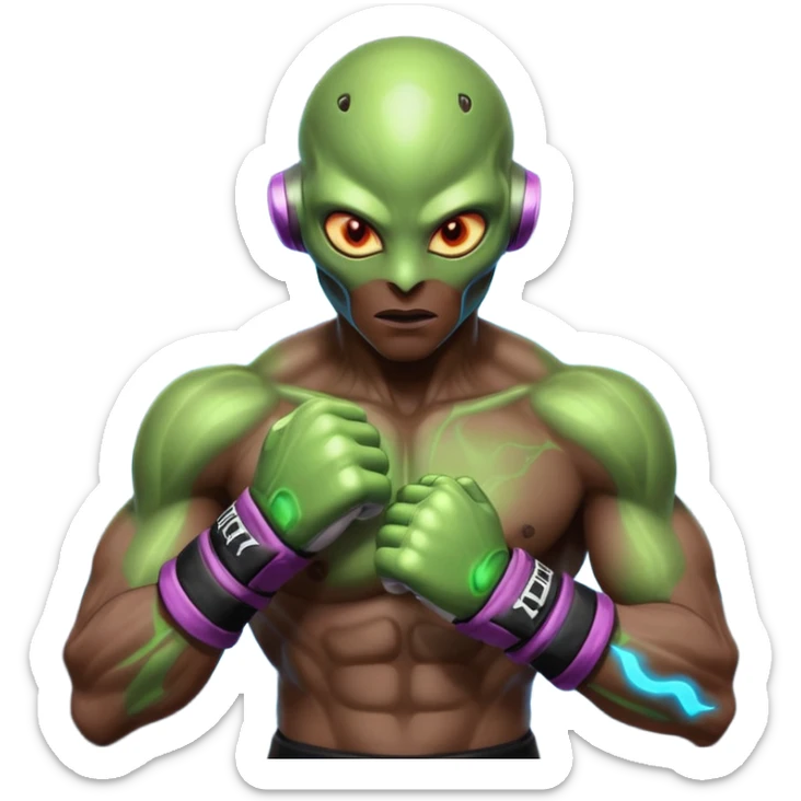energy alien MMA fighter portrait, head and shoulders only, glowing veins, crackling aura, futuristic fight gloves, intense glowing eyes, 3D cartoon, mobile game icon style, clean background, no text, no watermark
 sticker