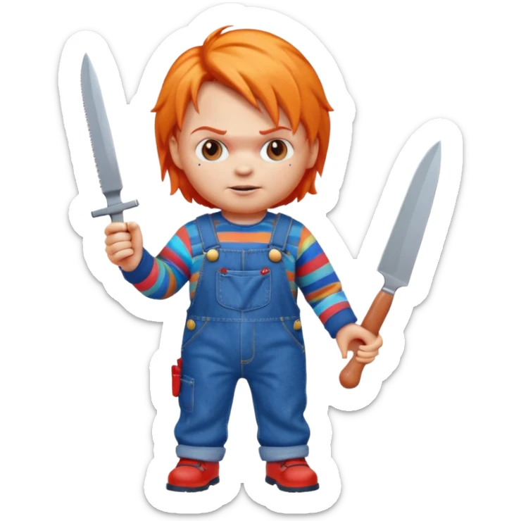 Chucky doll emoji holding a small knife, orange hair, blue overalls, apple style emoji sticker