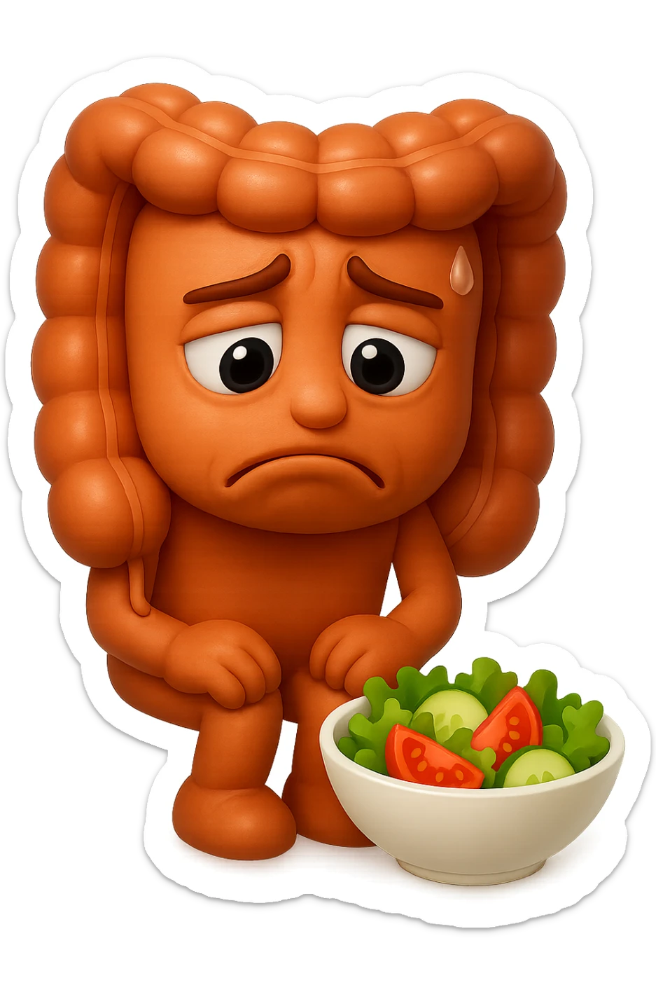EMOJI STILE IPHONE DI UN INTESTINO UMANO ANATOMICO CHE GUARDA UN INSALATA CON ESPRESSIONE TRISTE E RASSEGNATA IN VOLTO: SOFFRE LA FAME PERCHé è A DIETA, FAGLI ANCHE LA PARTE BIANCA DEGLI OCCHI, NON SOLO LE PUPILLE, IPERREALISTICO 4K sticker