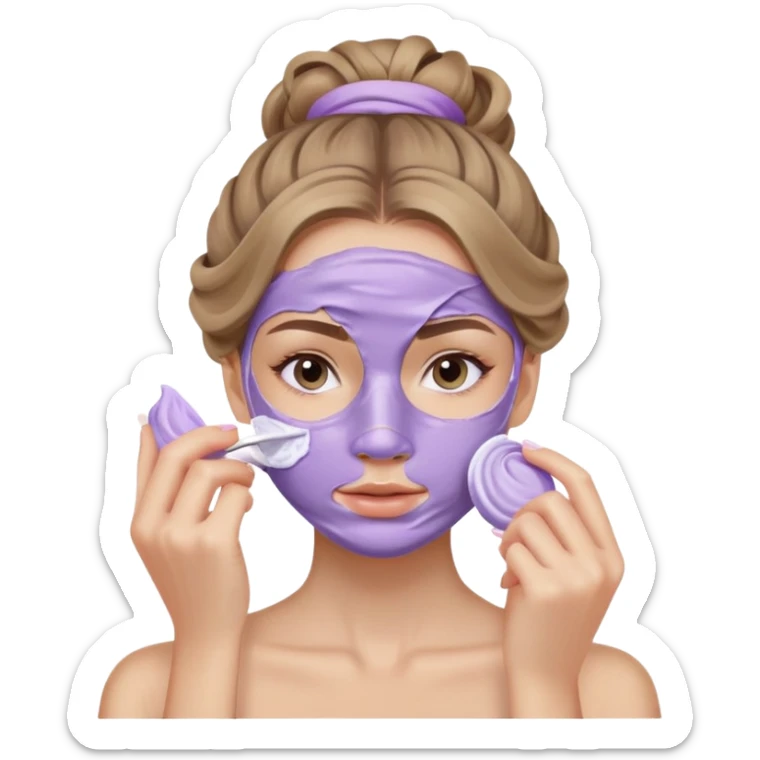 caucasian girl with long wavy dark blonde hair in messy bun applying lilac colored skincare mask covering face sticker