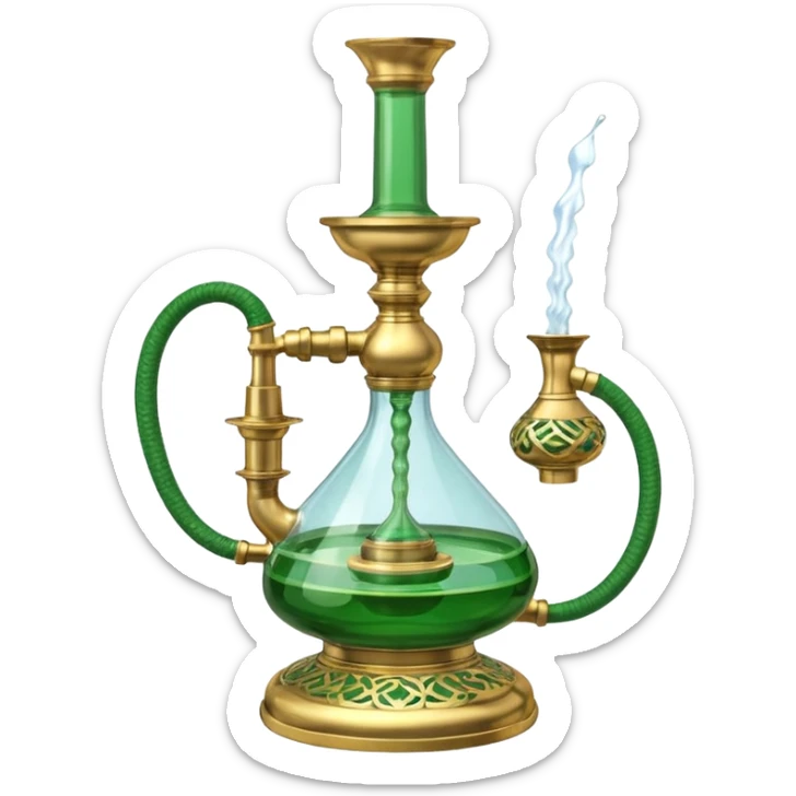 Brass hookah with green design on a glass water base and a glass banger on the top; with two outlet sticker