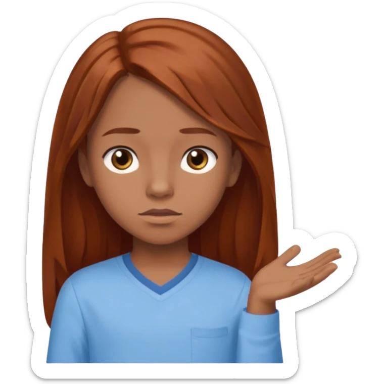 shrugging emoji brown eyed tween long auburn hair light blue shirt with a darker blue L sticker