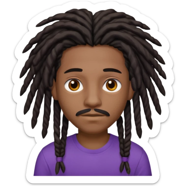 black teen with black dreads in a middle part with brown eyes and a small mustache and purple shirt sticker