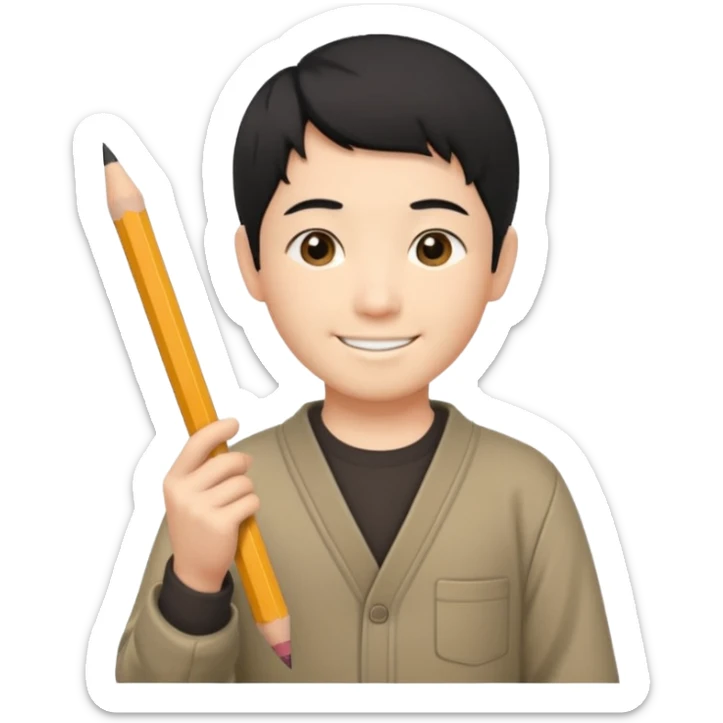 A Japanese male character with short hair, smiling, holding a pencil in his hand. sticker