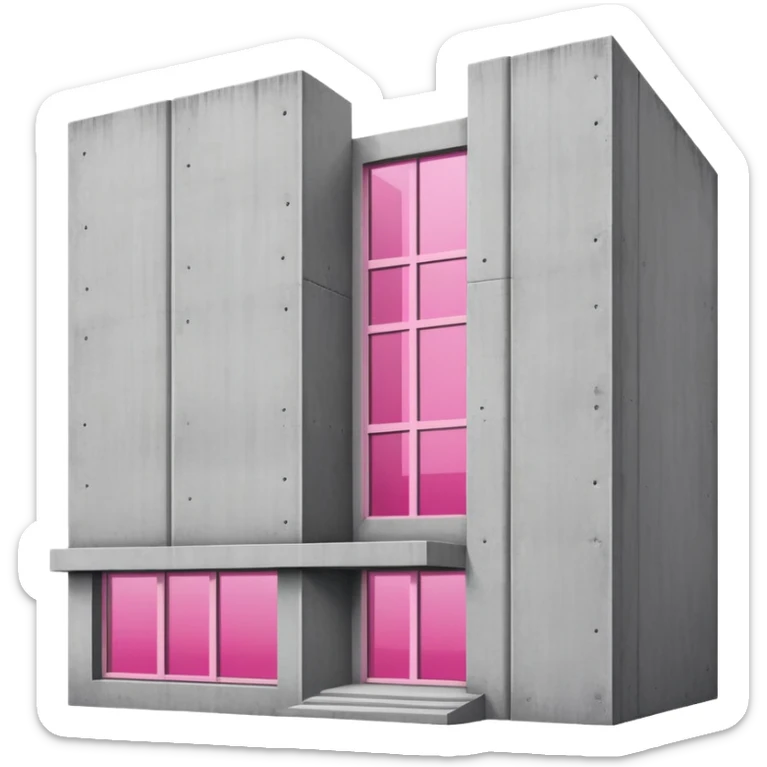Minimalist brutalist building made of gray concrete with a pink window that stands out sticker