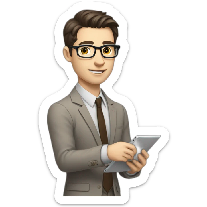 Pale skinned fit man with dark brown hair in gray jacket, beige office shirt, brown tie, brown pants and vintage glasses Writing on the tablet sticker
