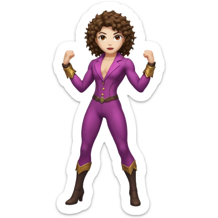full body woman short curly brown mullet brown eyes white skin muscular build thorn berry rogue suit sticker