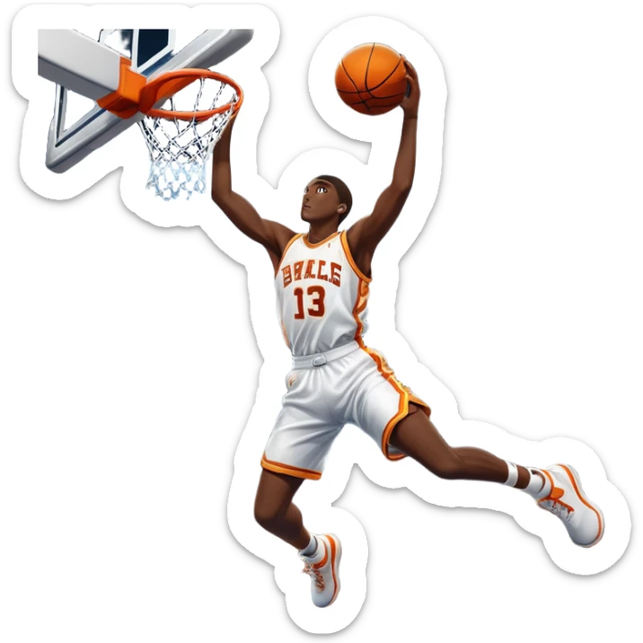 An icon showing a close-up of a basketball player in mid-air, performing an impressive dunk, inspired by NBA 2K25. The player is focused, with the ball in hand and the court in the background. Bright lights emphasize the action and excitement. Transparent background. sticker