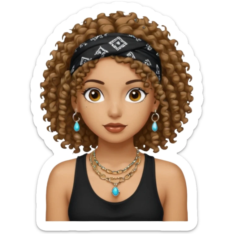 Baddie girl with black  tank top curly hairss and bandana and jwellery sticker