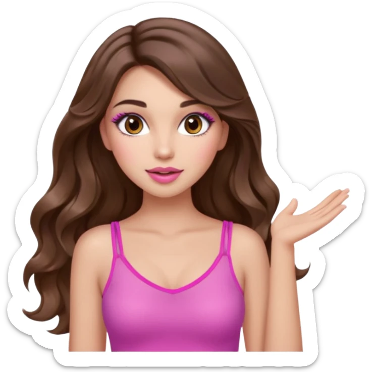 girl with long wavy brown hair, brown eyes, long lashes makeup, sexy pink lips, light to medium complexion, wearing a pink sexy top, one hand in the air high sticker