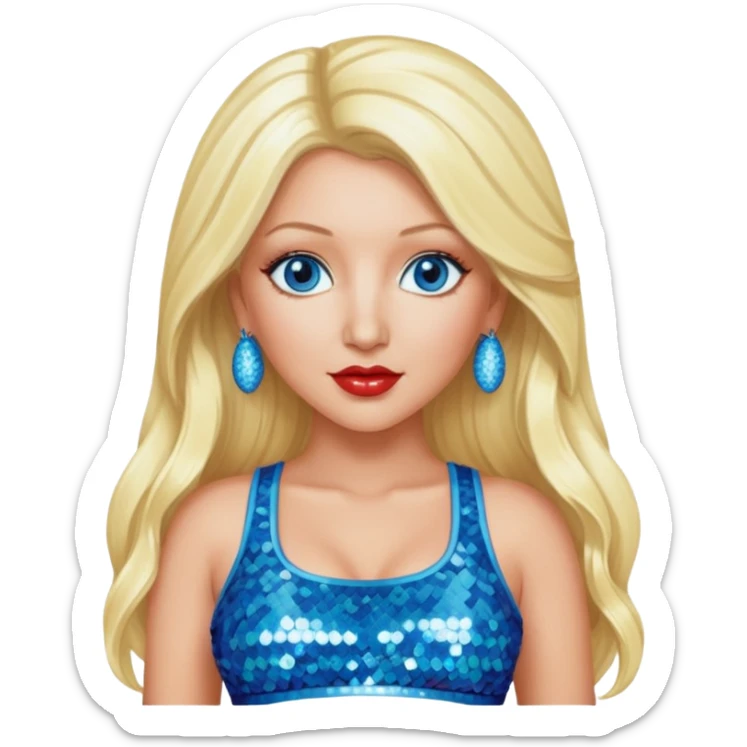Christina Aguilera with blue eyes, long blonde hair, light blue sequin crop top, red sequin pants sticker