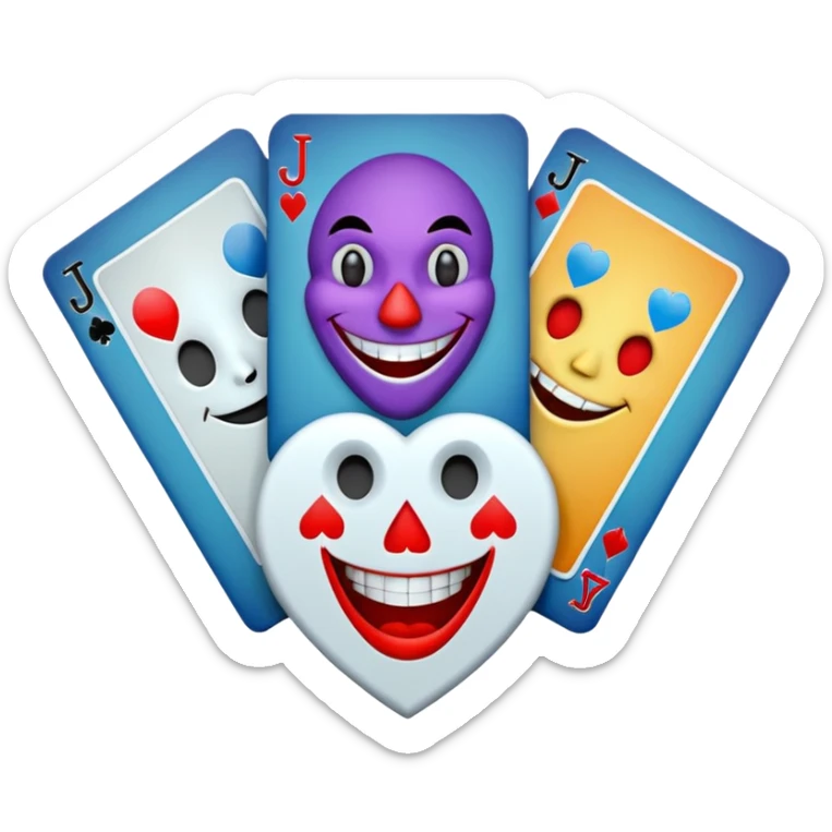 bunch of 3 poker cards, with crazy colorful human jolly jokers inside, inversed face sticker
