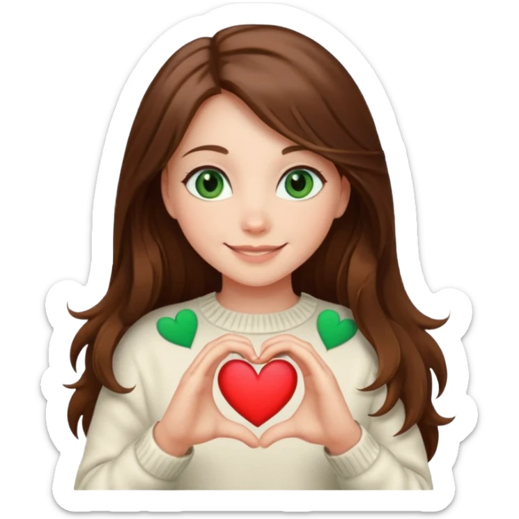Girl green eyes brown long hair white warm sweater showing heart with her hands sticker