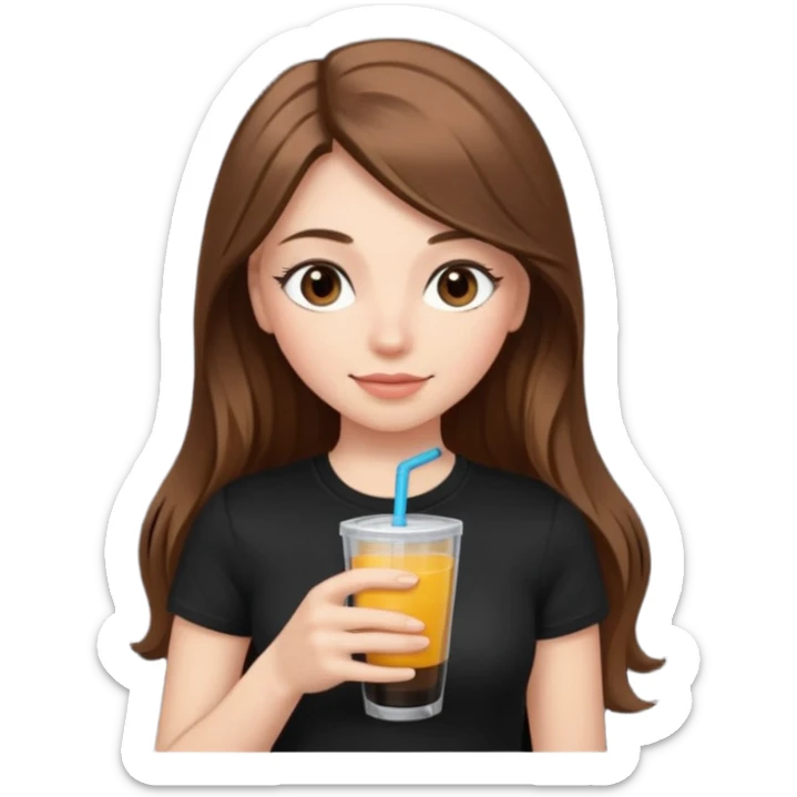 girl with long brown hair, rosey cheeks, long eyelashes dressed with a black thight tshirt and a drink in her hand sticker