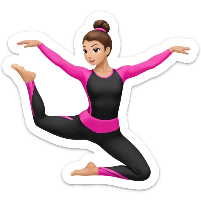 A female gymnast with brown hair in a neat bun, wearing black leggings and a T-shirt with neon pink elements, performing an acrobatic move. sticker