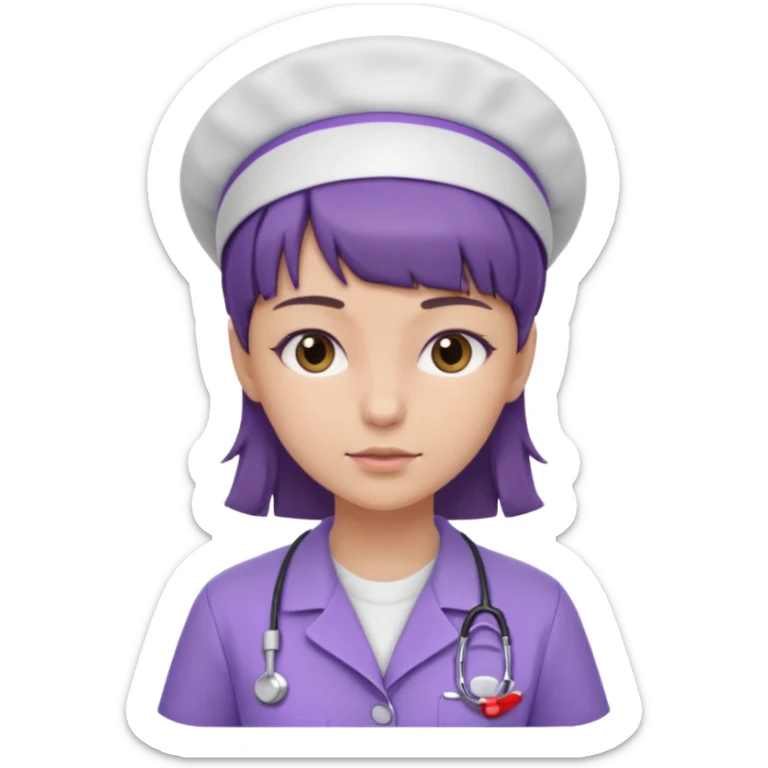 A young female slim nurse with short Brown hair with fringe over her forehead, wearing larvendar purple working cloth only no cap on her hair sticker