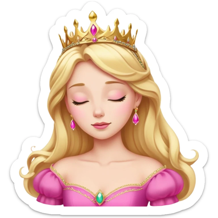 Aurora Sleeping Beauty from hips up, bright pink ballgown, golden blonde hair with gold tiara, minimal style but very recognizable sticker