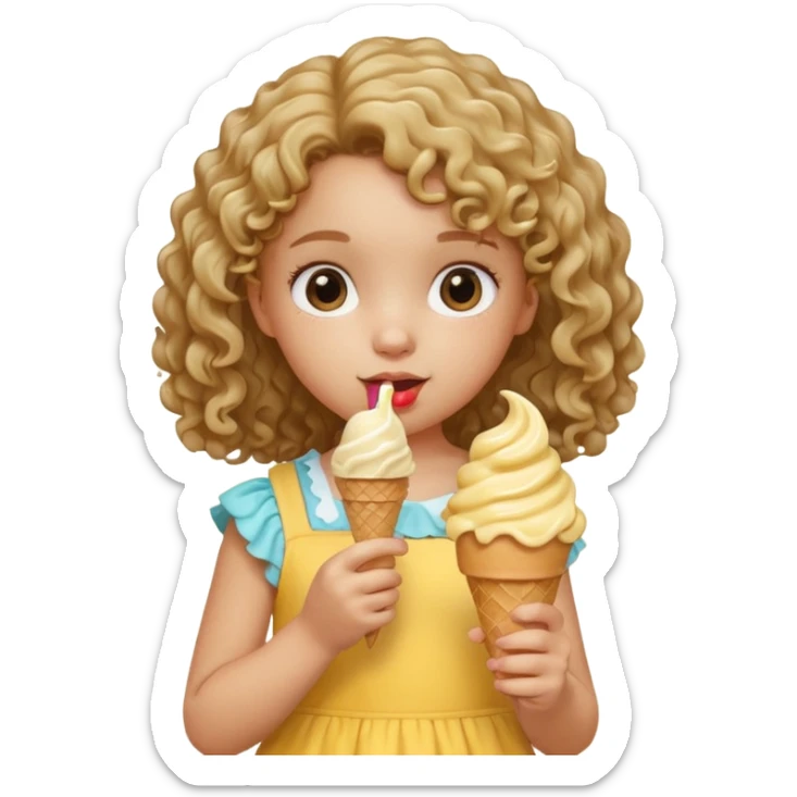 a little girl kid with curly hair, yellow dress, eat ice cream sticker