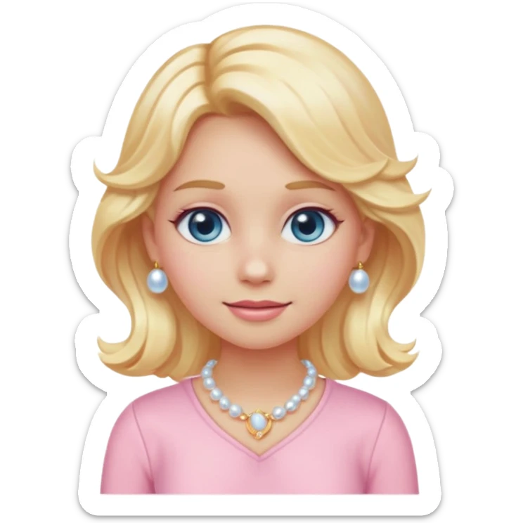 girl emoji with wavy light golden platinum blonde hair, light blue eyes, bright peachy-pink skin, pastel pink outfit #f3c3cf, pearl clip, and gold jewelry sticker