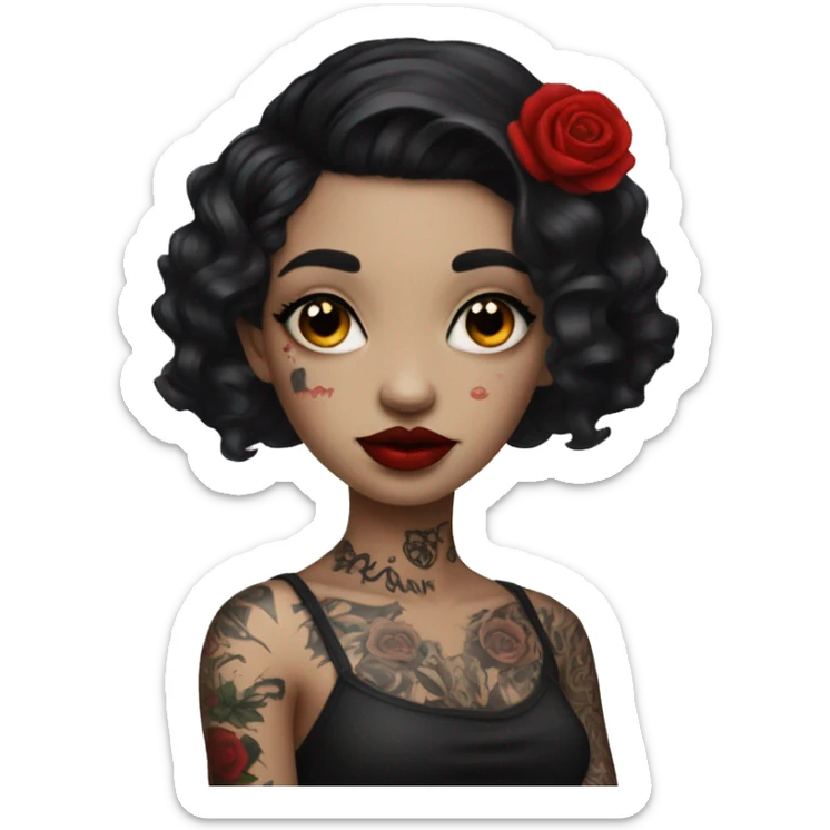 Pale black haired girl with black tattoos on body wearing red lipstick  sticker
