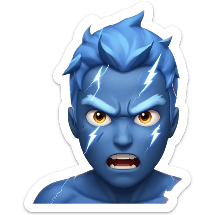 Rayos, centellas y estrellas en una cara color azul con expresiones de furia sticker